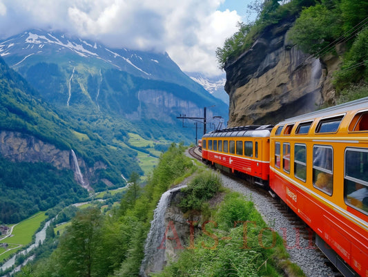 Живописная поездка на поезде по швейцарским горам с водопадами и пышными зелеными долинами на заднем плане. Scenic train ride through Swiss mountains with waterfalls and lush green valleys in the background.